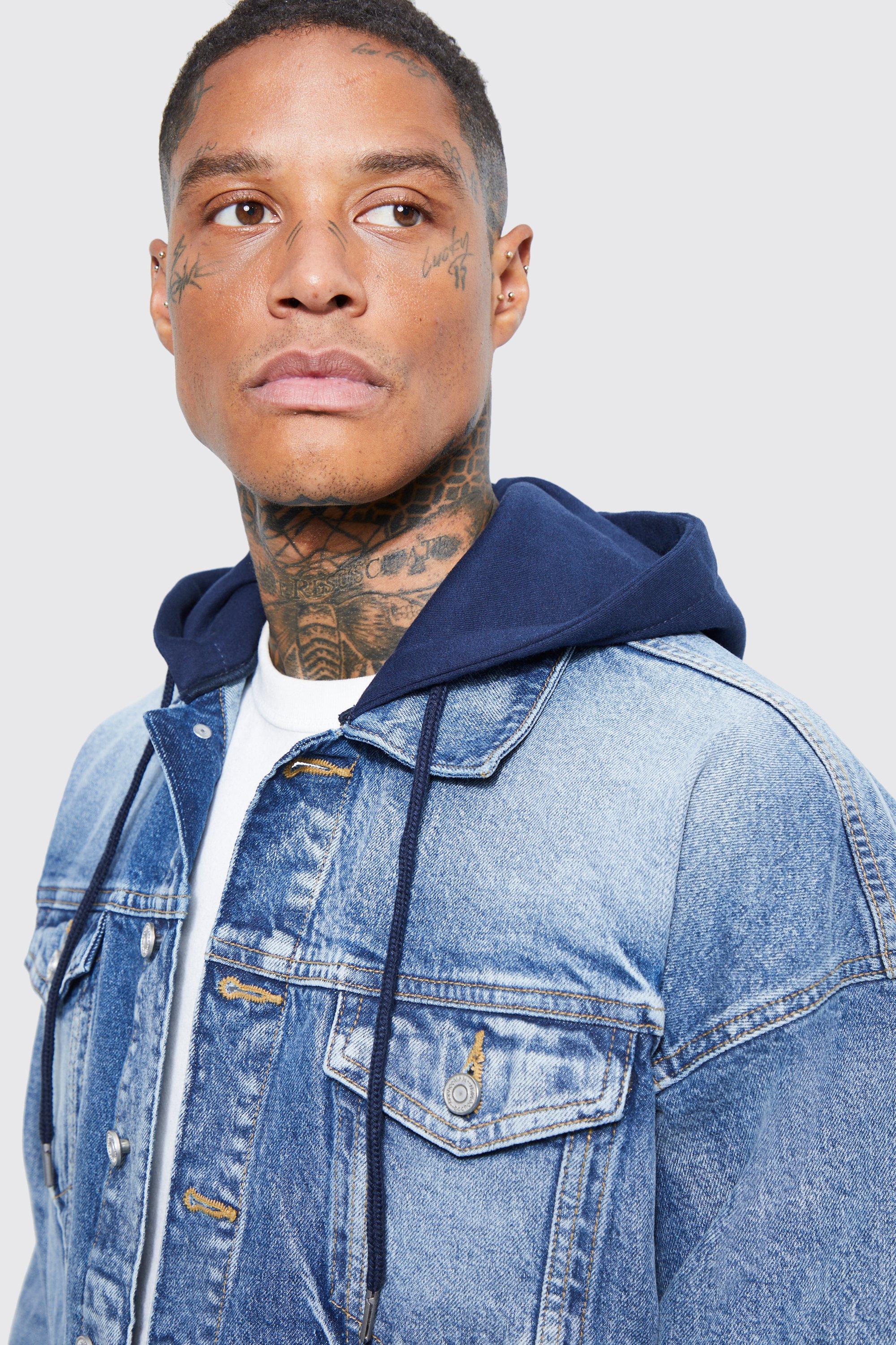 Boxy Fit Denim Jacket With Jersey Hood